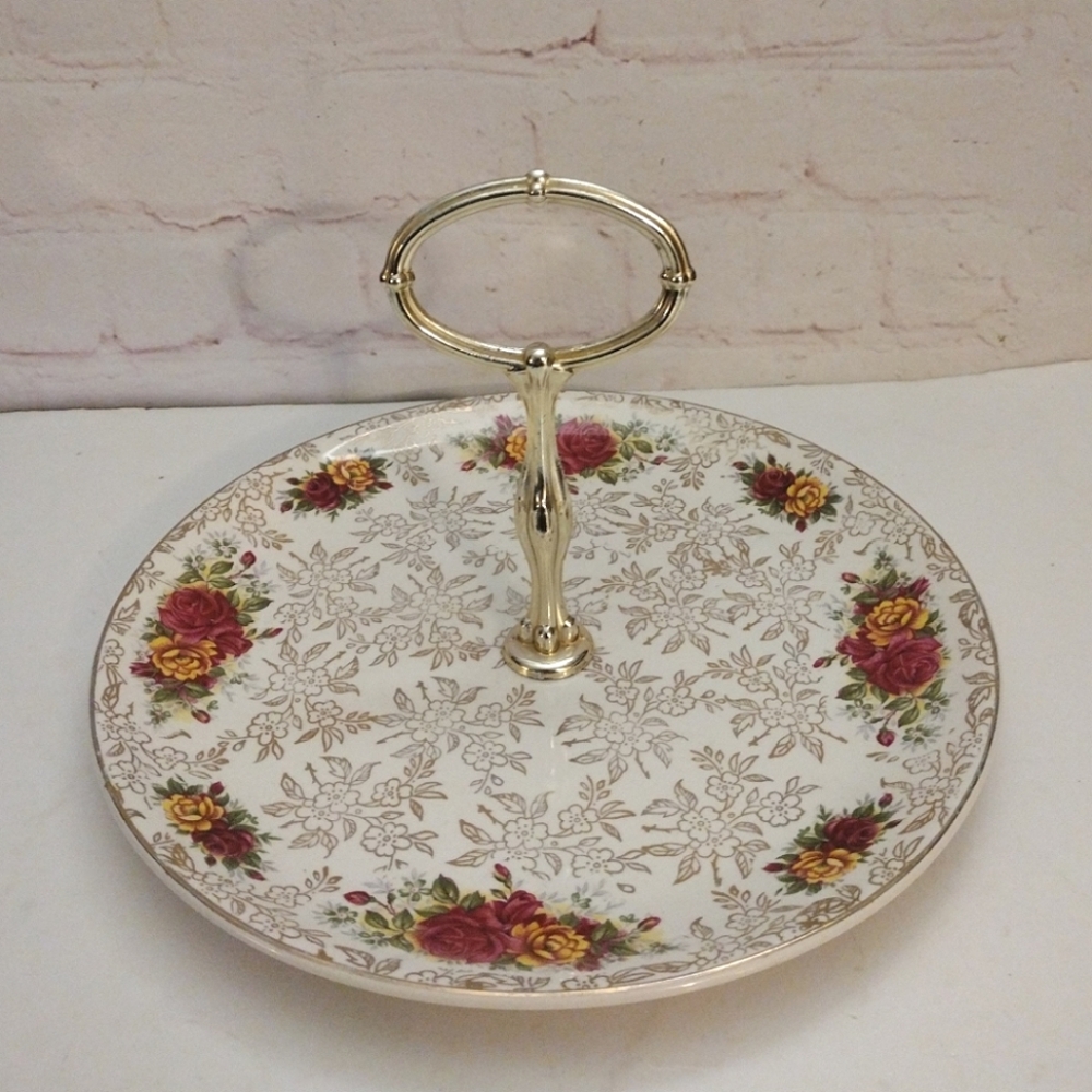 VTG H. Aynsley Round Serving Tray Plate Gold Tone Metal Handle Tidbit Tier Roses